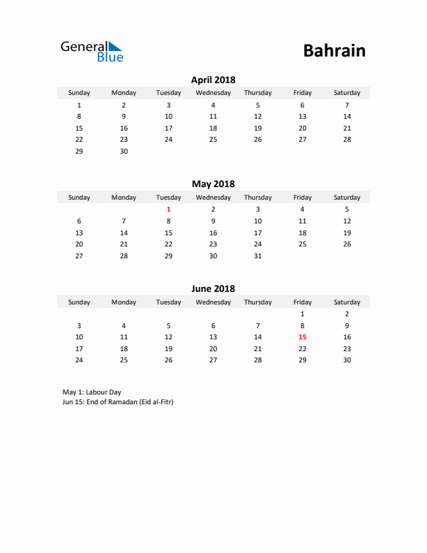 Printable Quarterly Calendar with Notes and Bahrain Holidays- Q2 of 2018