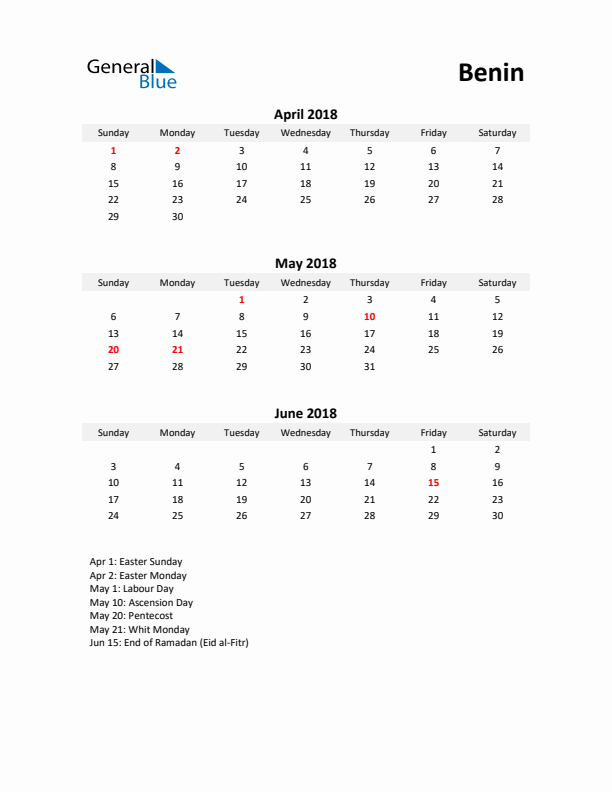 Printable Quarterly Calendar with Notes and Benin Holidays- Q2 of 2018