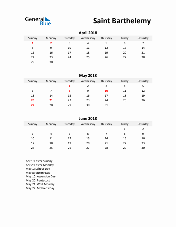 Printable Quarterly Calendar with Notes and Saint Barthelemy Holidays- Q2 of 2018