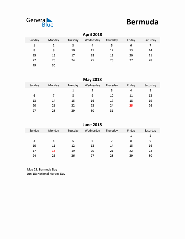 Printable Quarterly Calendar with Notes and Bermuda Holidays- Q2 of 2018