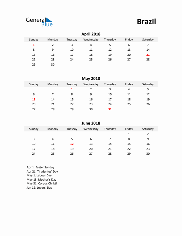 Printable Quarterly Calendar with Notes and Brazil Holidays- Q2 of 2018