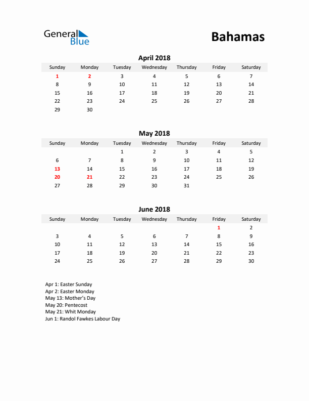 Printable Quarterly Calendar with Notes and Bahamas Holidays- Q2 of 2018