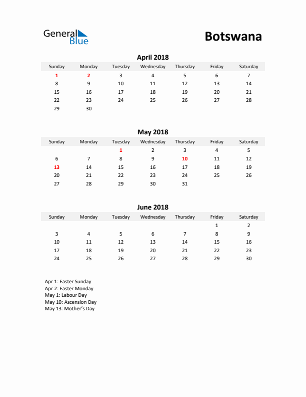 Printable Quarterly Calendar with Notes and Botswana Holidays- Q2 of 2018