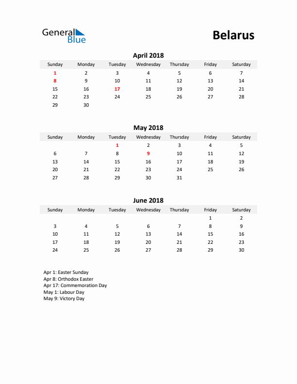 Printable Quarterly Calendar with Notes and Belarus Holidays- Q2 of 2018