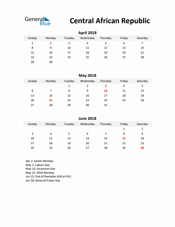 Printable Quarterly Calendar with Notes and Central African Republic Holidays- Q2 of 2018