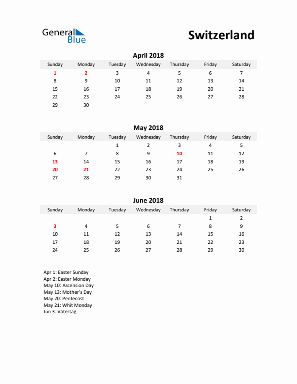 Printable Quarterly Calendar with Notes and Switzerland Holidays- Q2 of 2018