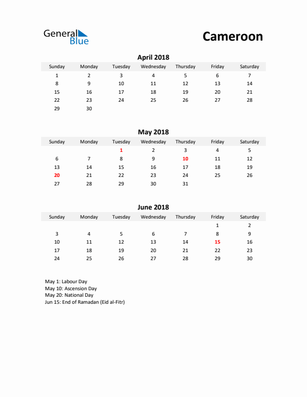 Printable Quarterly Calendar with Notes and Cameroon Holidays- Q2 of 2018