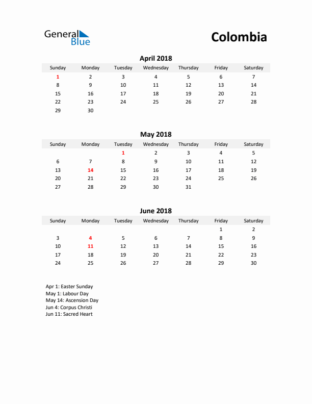 Printable Quarterly Calendar with Notes and Colombia Holidays- Q2 of 2018