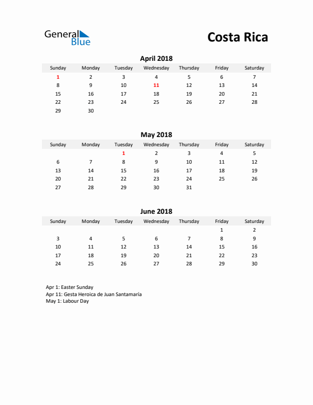 Printable Quarterly Calendar with Notes and Costa Rica Holidays- Q2 of 2018