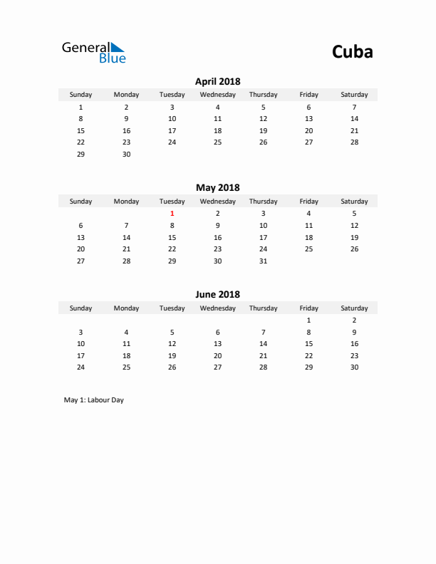 Printable Quarterly Calendar with Notes and Cuba Holidays- Q2 of 2018