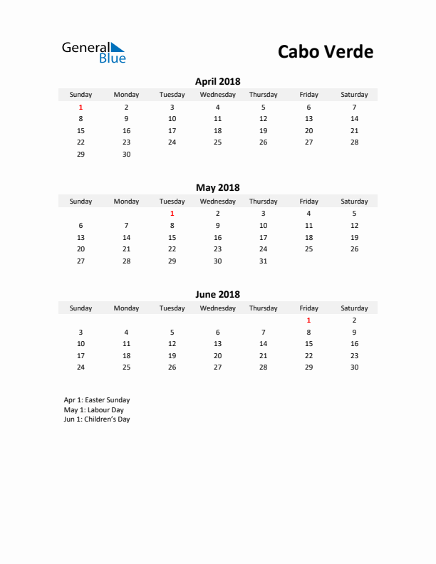 Printable Quarterly Calendar with Notes and Cabo Verde Holidays- Q2 of 2018