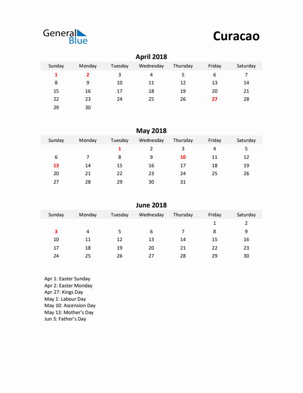 Printable Quarterly Calendar with Notes and Curacao Holidays- Q2 of 2018