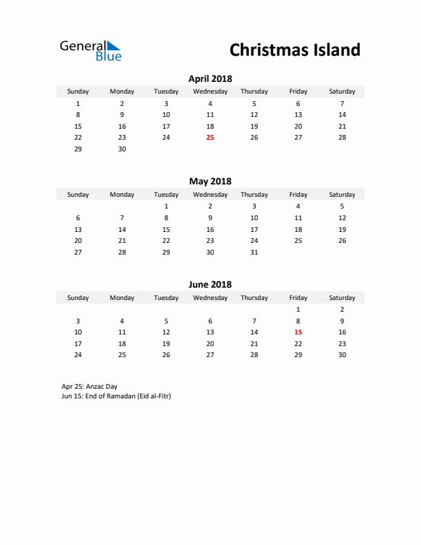 Printable Quarterly Calendar with Notes and Christmas Island Holidays- Q2 of 2018