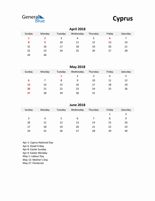 Printable Quarterly Calendar with Notes and Cyprus Holidays- Q2 of 2018