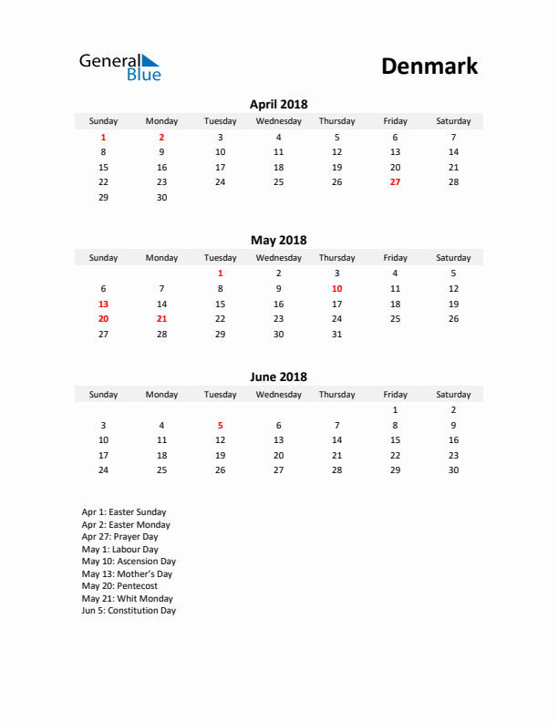 Printable Quarterly Calendar with Notes and Denmark Holidays- Q2 of 2018