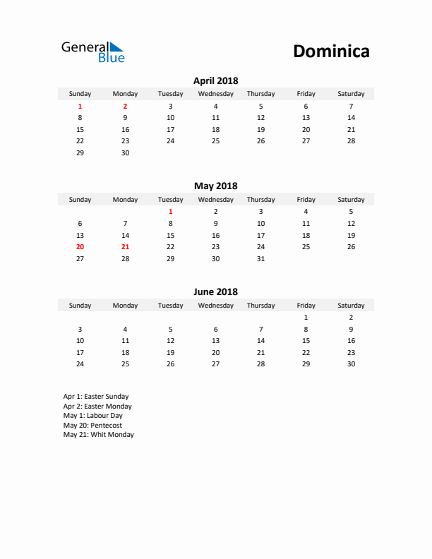 Printable Quarterly Calendar with Notes and Dominica Holidays- Q2 of 2018