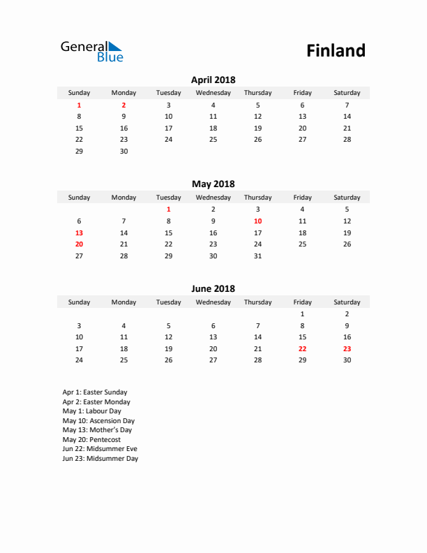 Printable Quarterly Calendar with Notes and Finland Holidays- Q2 of 2018