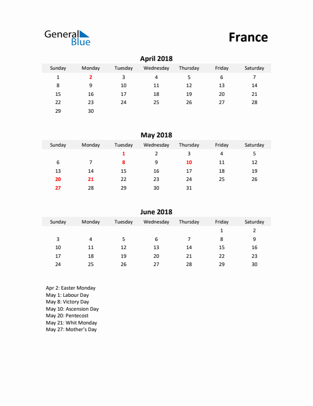 Printable Quarterly Calendar with Notes and France Holidays- Q2 of 2018