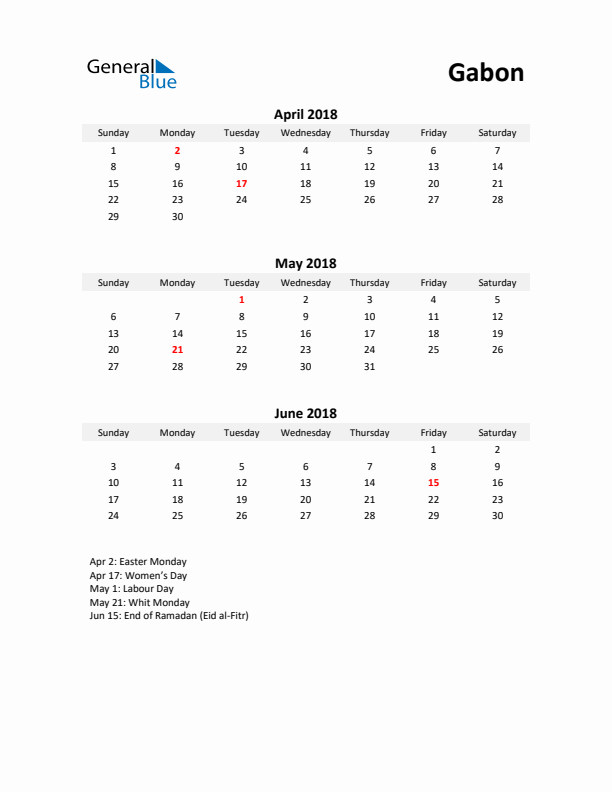 Printable Quarterly Calendar with Notes and Gabon Holidays- Q2 of 2018