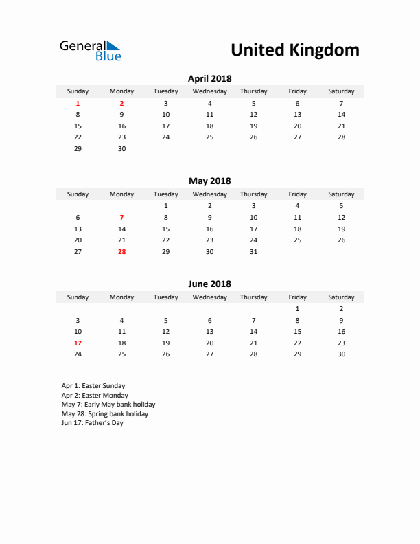 Printable Quarterly Calendar with Notes and United Kingdom Holidays- Q2 of 2018