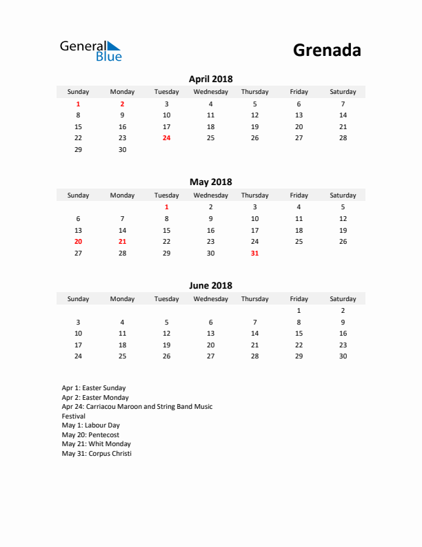 Printable Quarterly Calendar with Notes and Grenada Holidays- Q2 of 2018