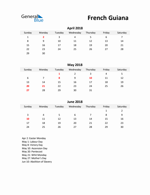 Printable Quarterly Calendar with Notes and French Guiana Holidays- Q2 of 2018