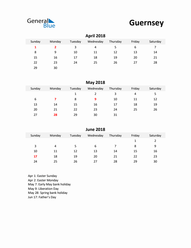 Printable Quarterly Calendar with Notes and Guernsey Holidays- Q2 of 2018