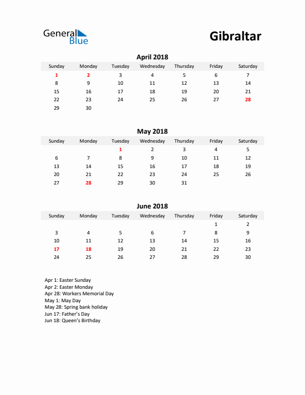 Printable Quarterly Calendar with Notes and Gibraltar Holidays- Q2 of 2018