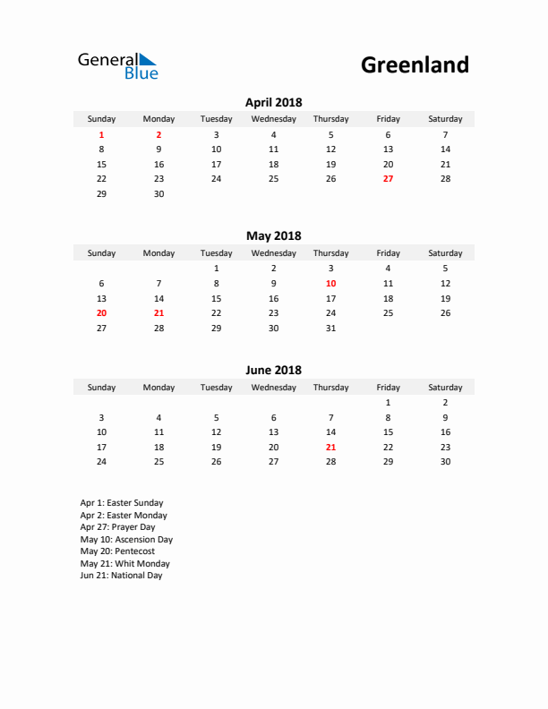 Printable Quarterly Calendar with Notes and Greenland Holidays- Q2 of 2018