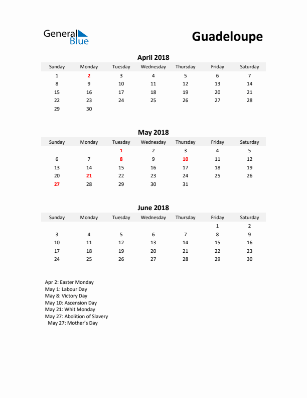 Printable Quarterly Calendar with Notes and Guadeloupe Holidays- Q2 of 2018