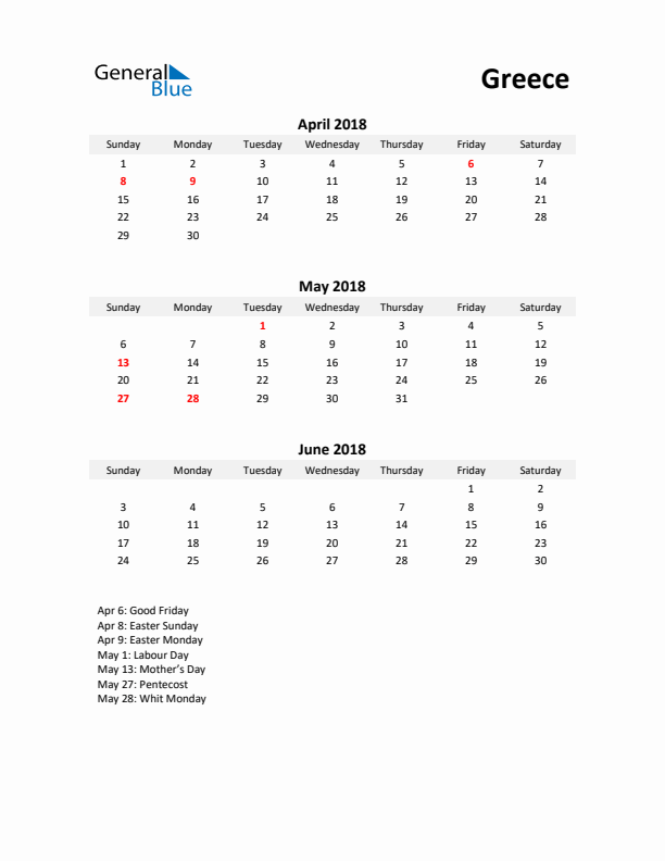 Printable Quarterly Calendar with Notes and Greece Holidays- Q2 of 2018