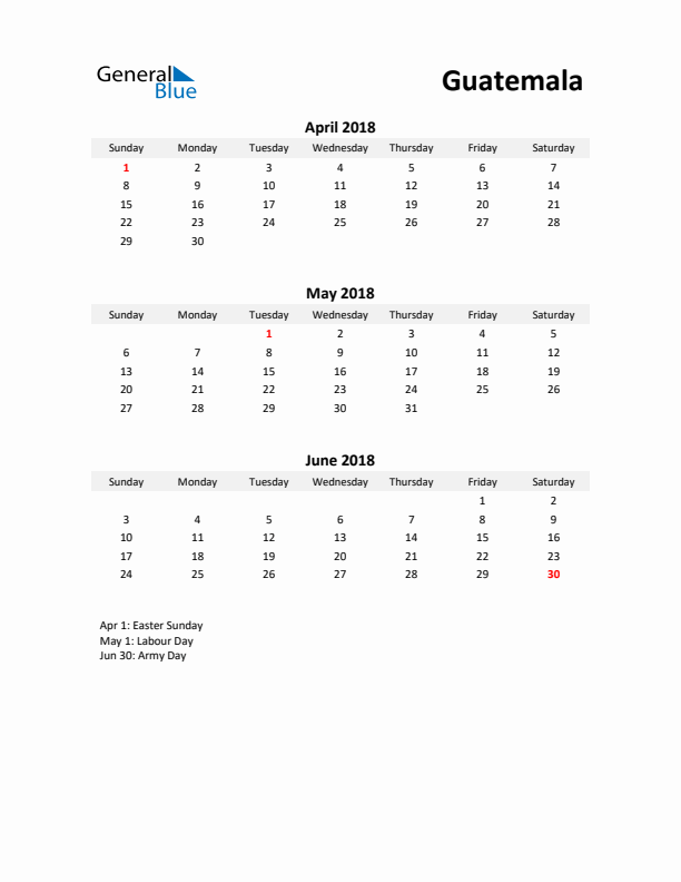 Printable Quarterly Calendar with Notes and Guatemala Holidays- Q2 of 2018