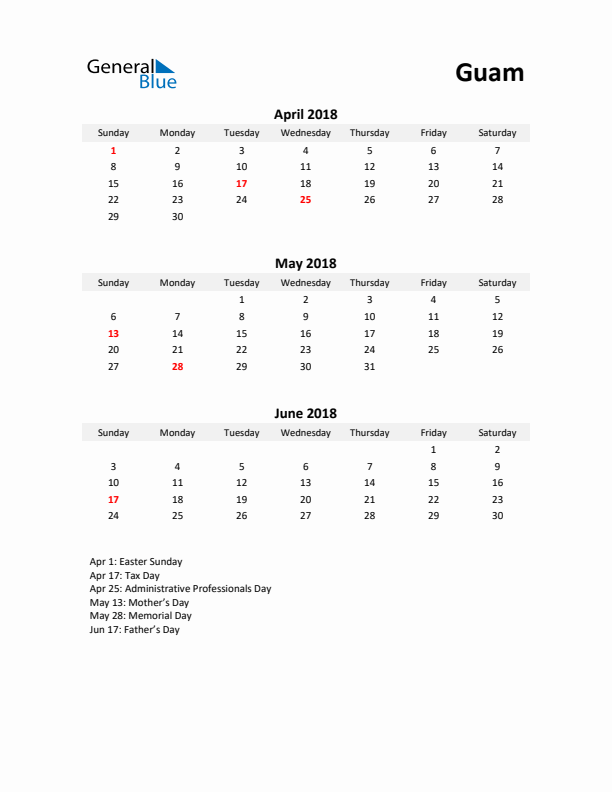 Printable Quarterly Calendar with Notes and Guam Holidays- Q2 of 2018