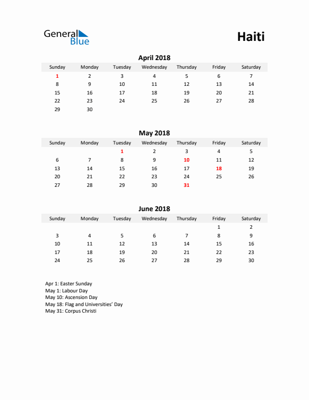 Printable Quarterly Calendar with Notes and Haiti Holidays- Q2 of 2018