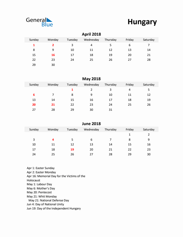 Printable Quarterly Calendar with Notes and Hungary Holidays- Q2 of 2018