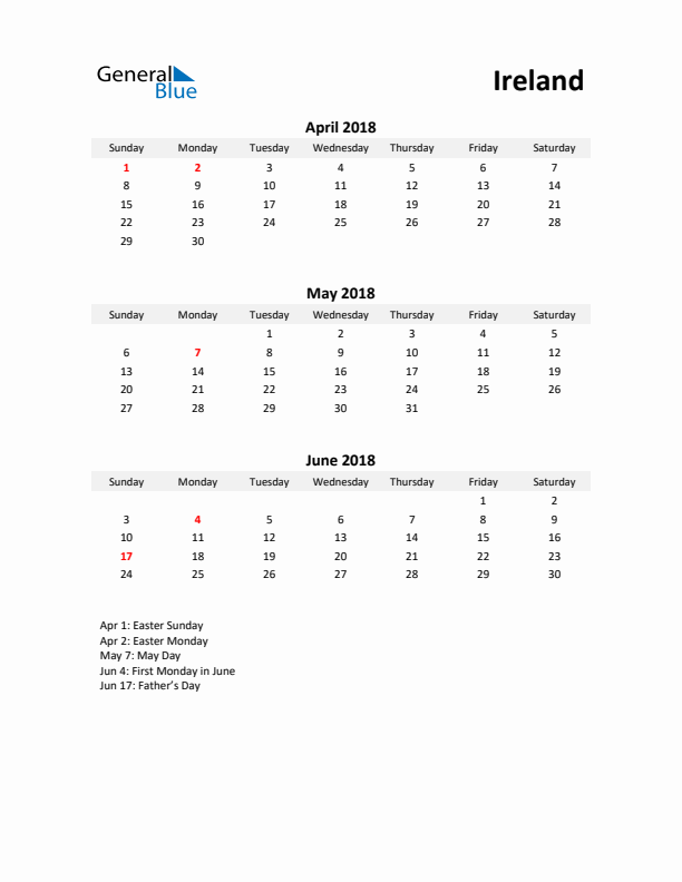 Printable Quarterly Calendar with Notes and Ireland Holidays- Q2 of 2018