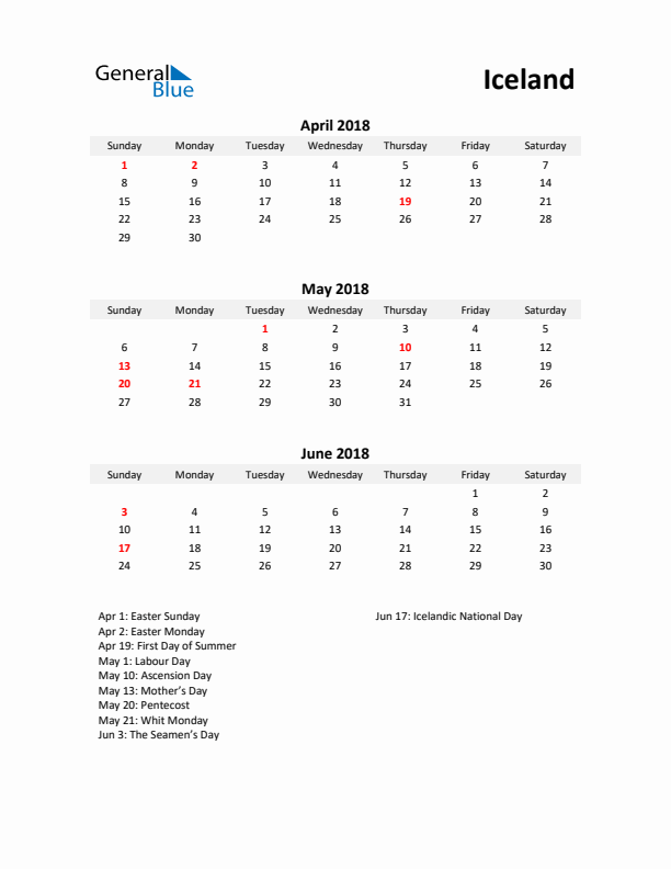 Printable Quarterly Calendar with Notes and Iceland Holidays- Q2 of 2018