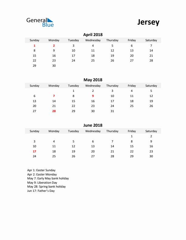 Printable Quarterly Calendar with Notes and Jersey Holidays- Q2 of 2018