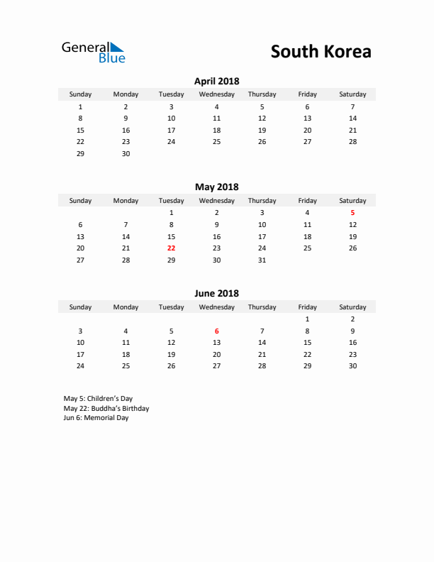 Printable Quarterly Calendar with Notes and South Korea Holidays- Q2 of 2018