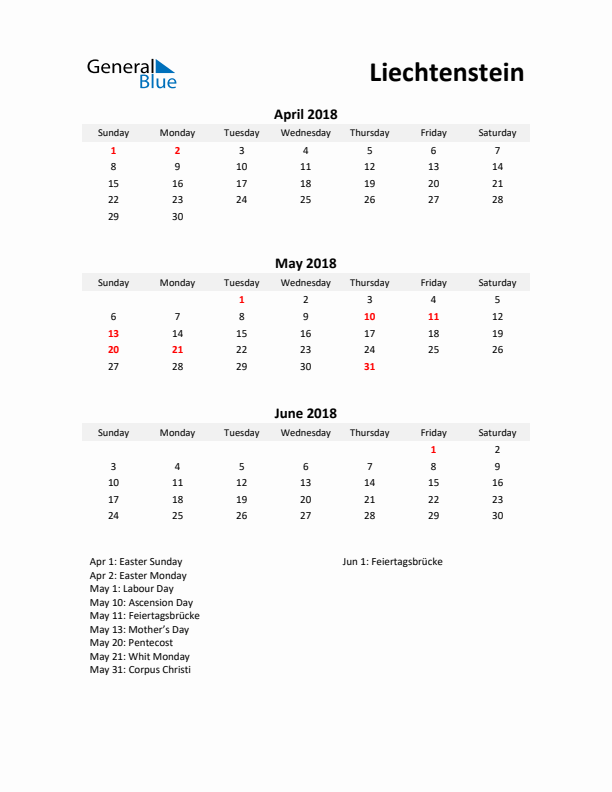 Printable Quarterly Calendar with Notes and Liechtenstein Holidays- Q2 of 2018