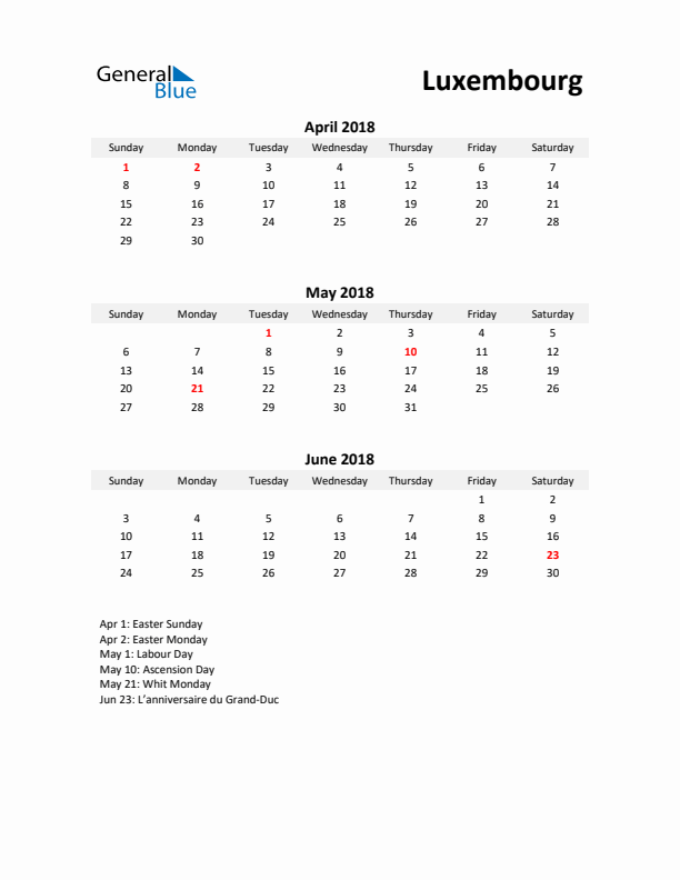 Printable Quarterly Calendar with Notes and Luxembourg Holidays- Q2 of 2018