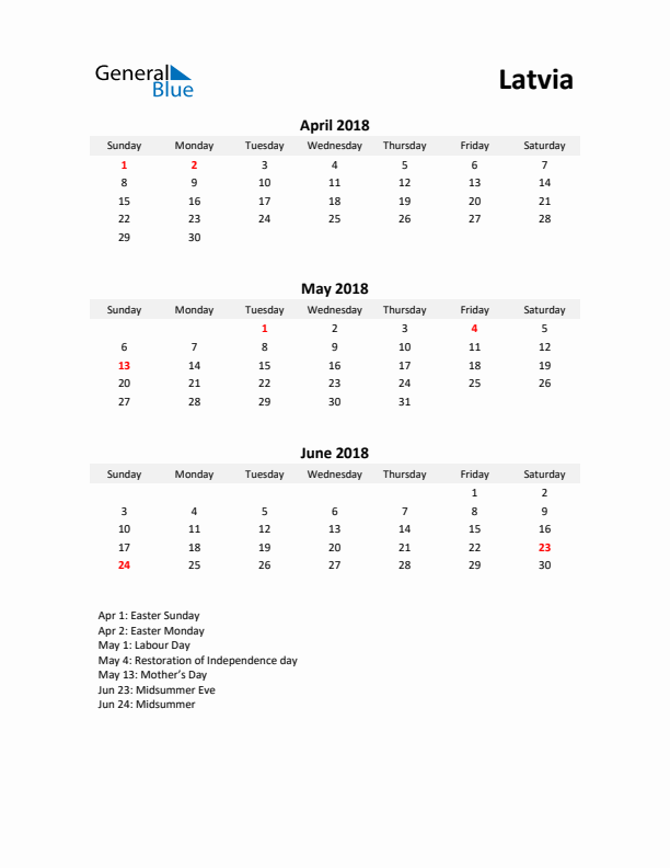 Printable Quarterly Calendar with Notes and Latvia Holidays- Q2 of 2018