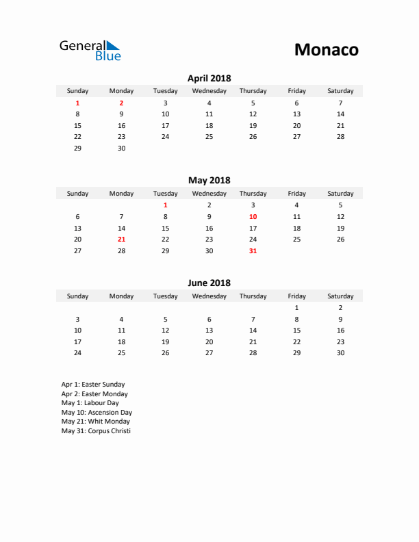 Printable Quarterly Calendar with Notes and Monaco Holidays- Q2 of 2018