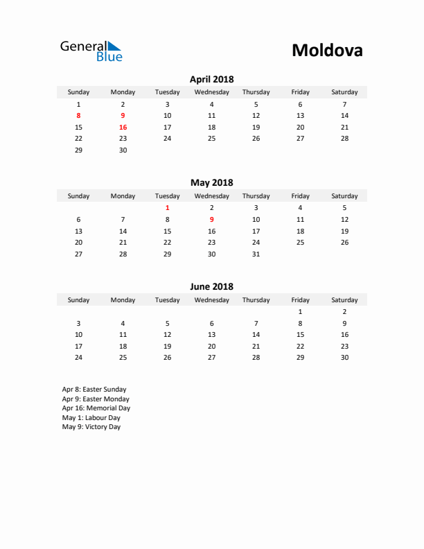 Printable Quarterly Calendar with Notes and Moldova Holidays- Q2 of 2018