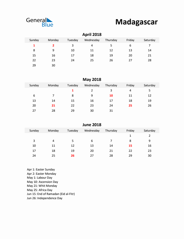 Printable Quarterly Calendar with Notes and Madagascar Holidays- Q2 of 2018