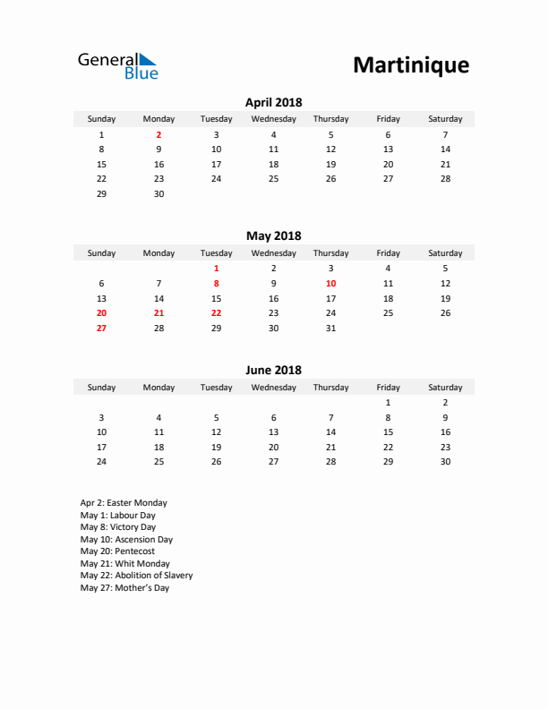 Printable Quarterly Calendar with Notes and Martinique Holidays- Q2 of 2018