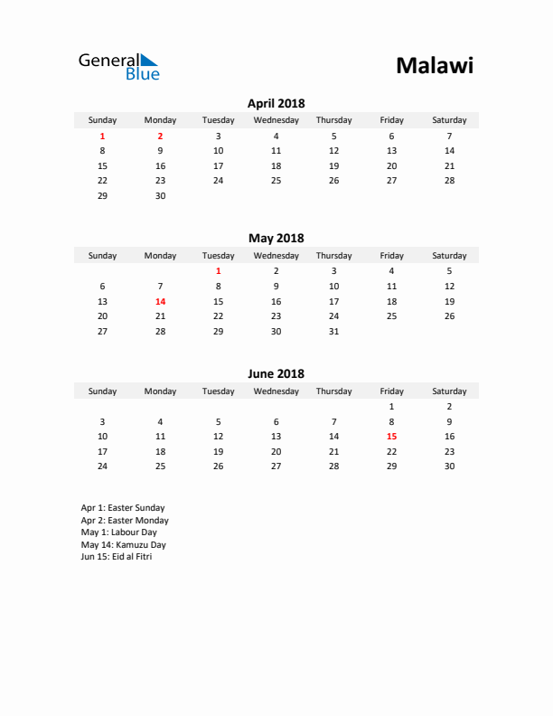 Printable Quarterly Calendar with Notes and Malawi Holidays- Q2 of 2018