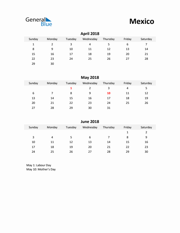 Printable Quarterly Calendar with Notes and Mexico Holidays- Q2 of 2018