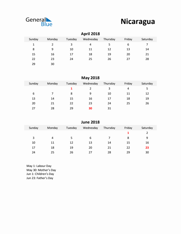 Printable Quarterly Calendar with Notes and Nicaragua Holidays- Q2 of 2018