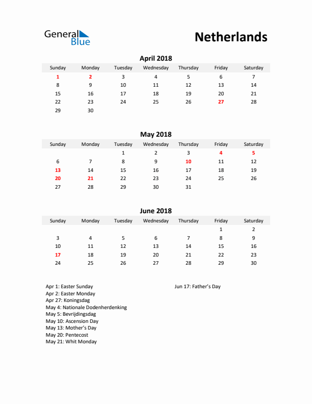 Printable Quarterly Calendar with Notes and The Netherlands Holidays- Q2 of 2018